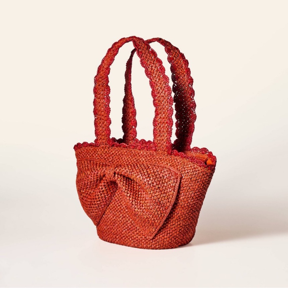 NWT ♠️ Kate Spade Target Raffia Bow Large Tote Bag Red Woven Summer Beach Bag